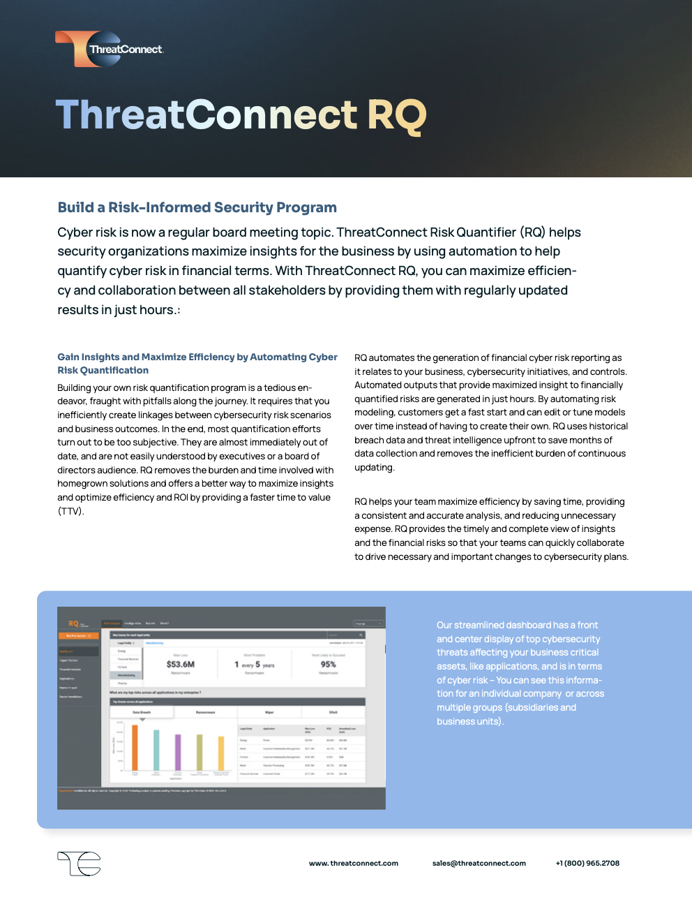 a flyer for ThreatConnect RQ which is a risk-informed security program