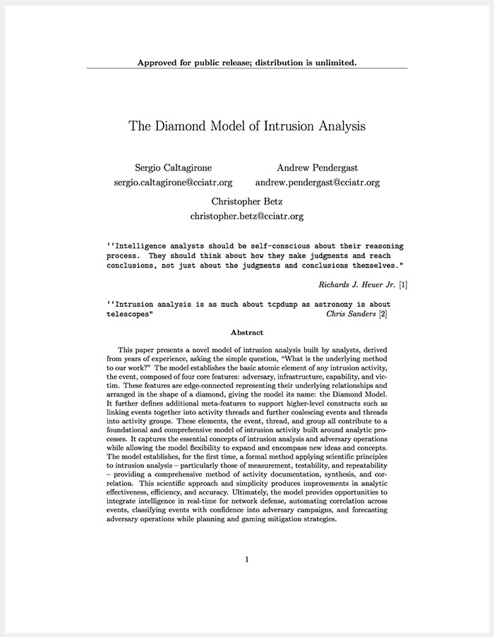 The Diamond Model for Intrusion Analysis whitepaper abstract page