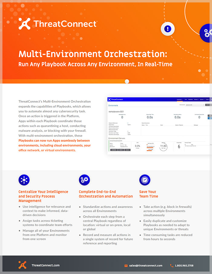 an advertisement for multi-environment orchestration by ThreatConnect