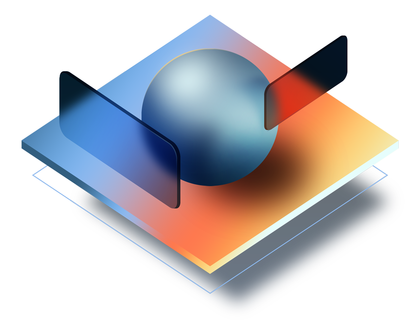 a blue and orange square with a sphere in the middle