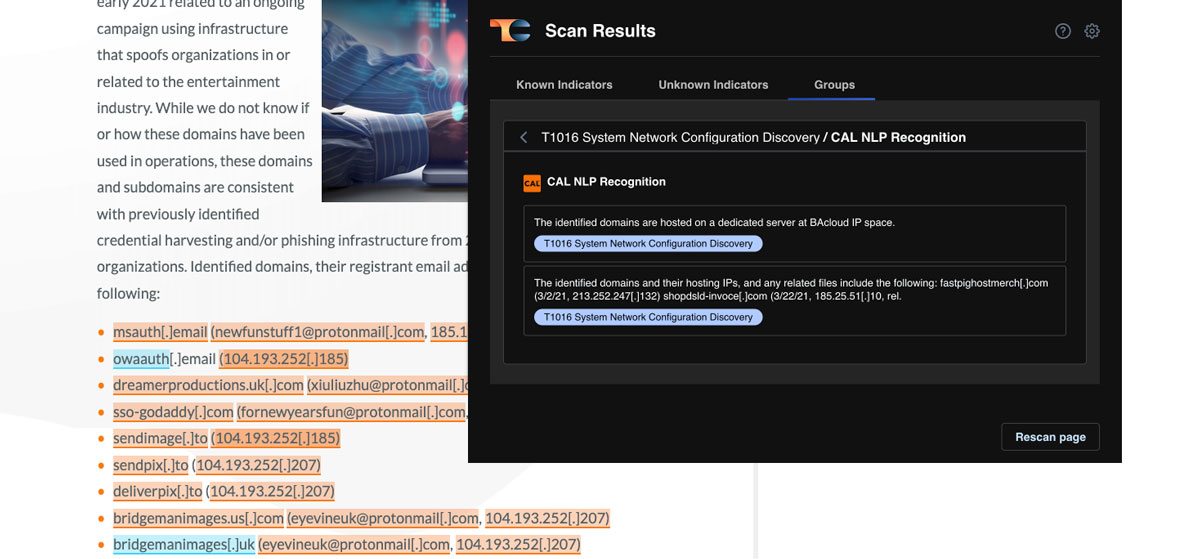 ThreatConnect browser extension using CAL NLP to detect language indicative of MITRE ATT&CK techniques