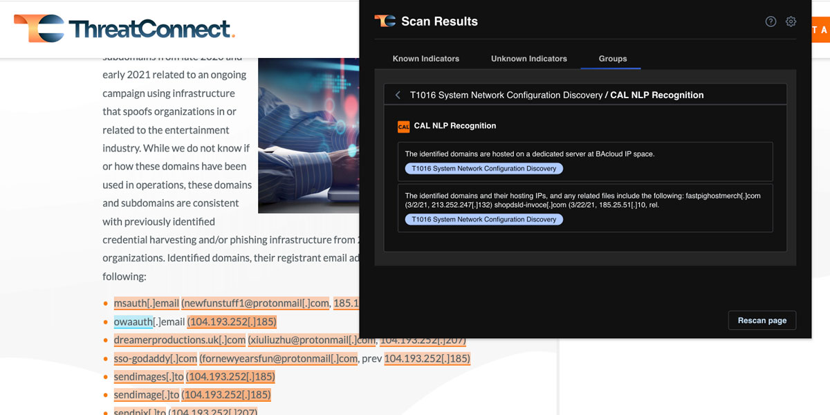 Screenshot showing how ThreatConnect CAL uses Natural Language Processing in the browser extension