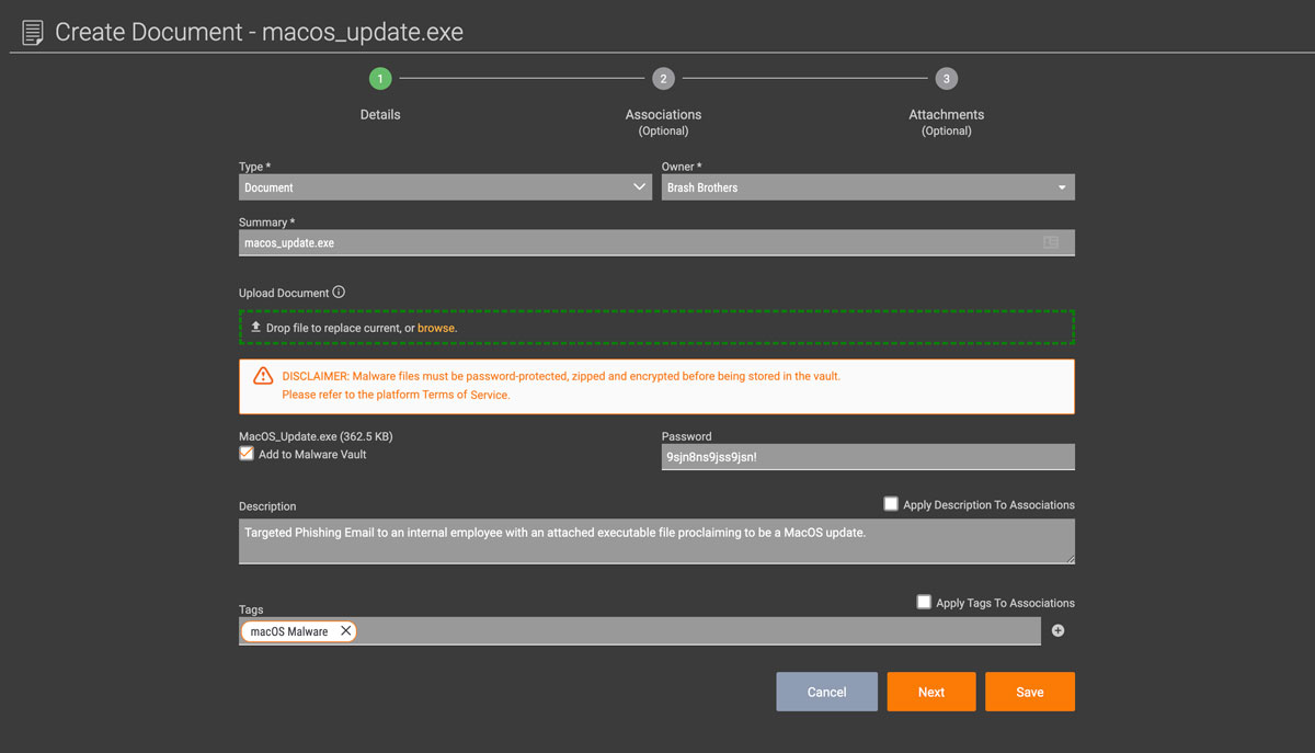 creating document on ThreatConnect software