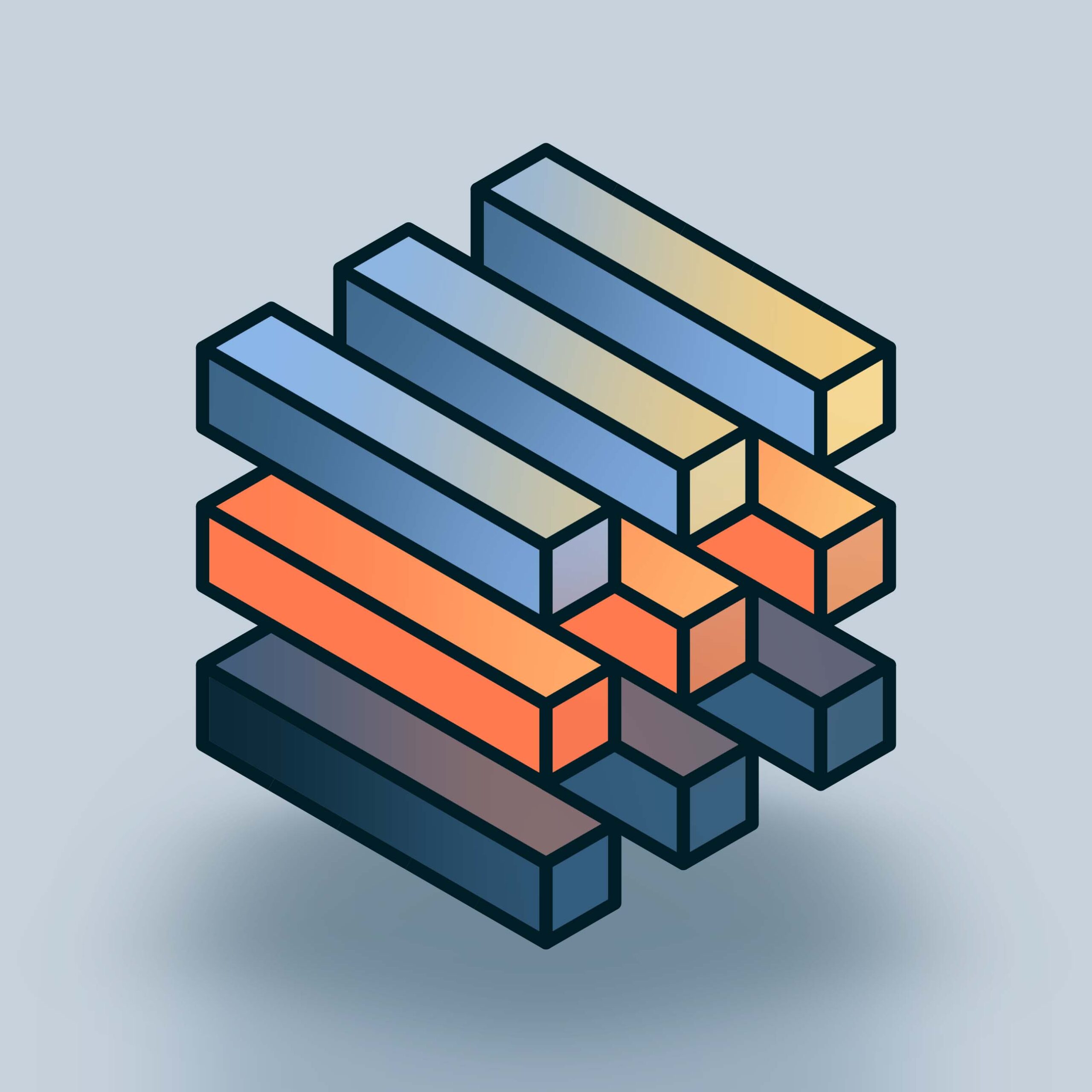 a stack of blue and orange rectangles on a grey background