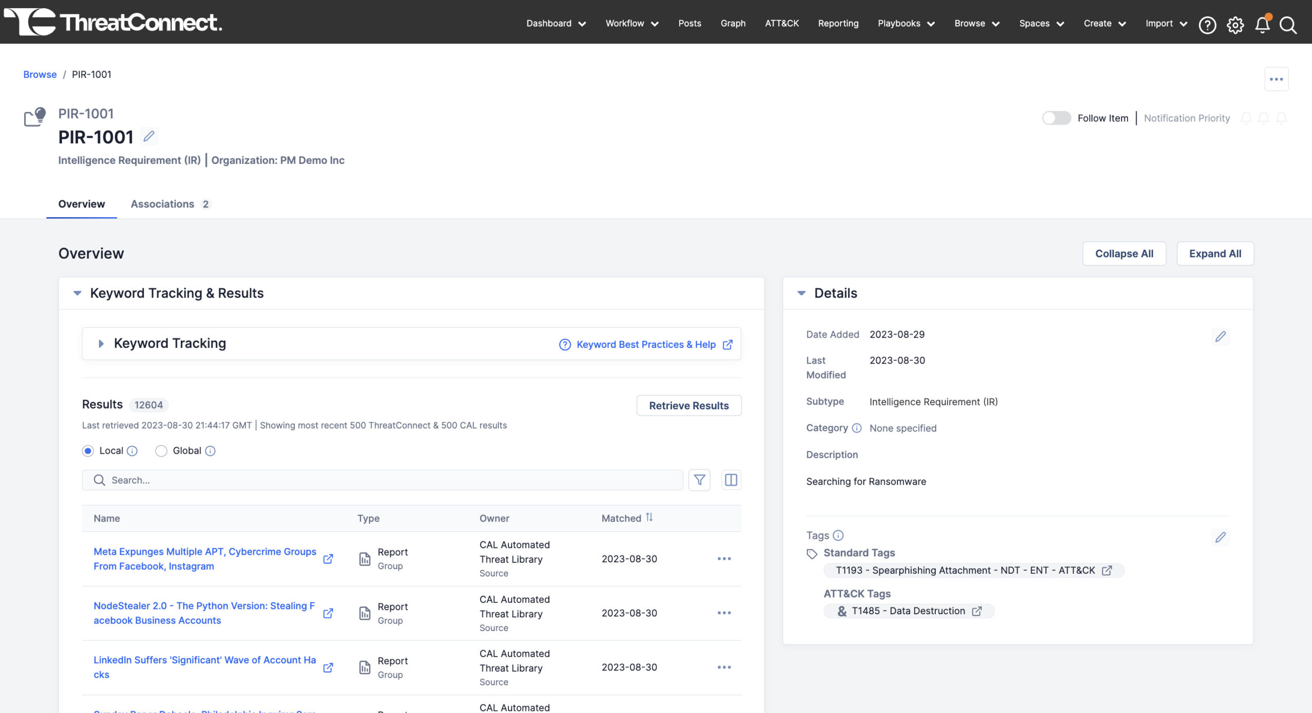 Details page of ThreatConnect's Intelligence Requirements capability