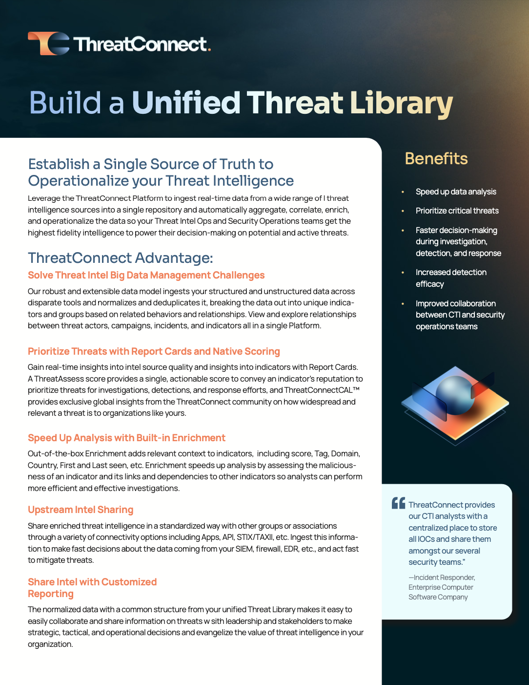 a flyer for ThreatConnect shows the benefits of the product