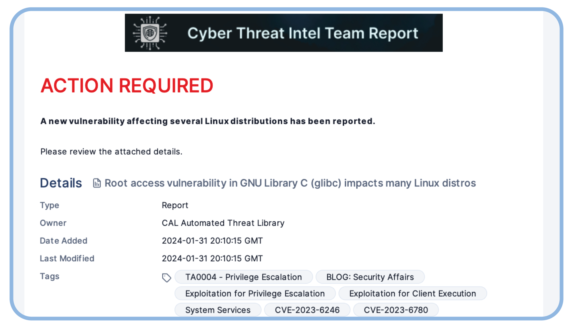 action required on a cyber threat intel team report