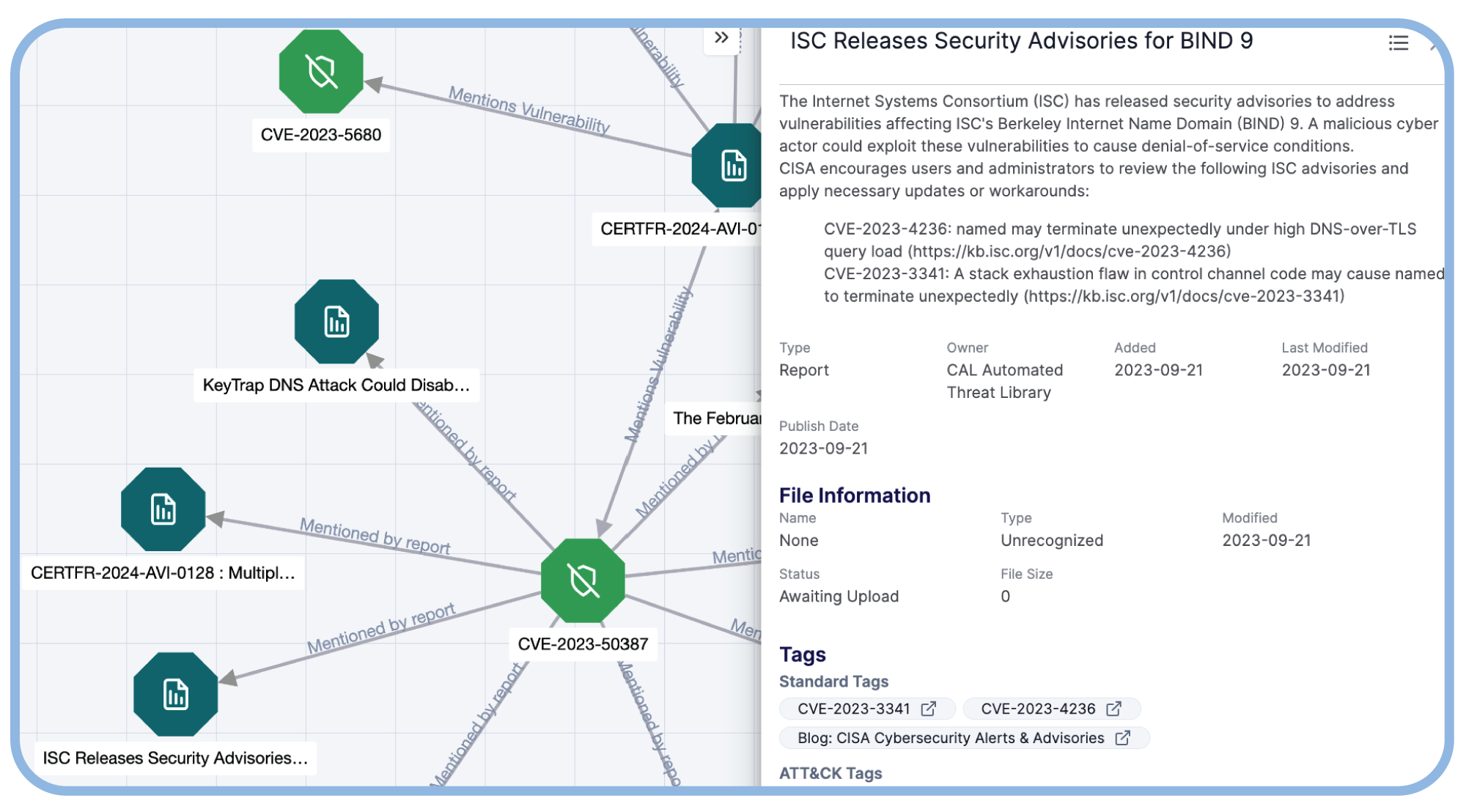 ThreatConnect Threat Graph showing relationships and associations with threat and vulnerability intel